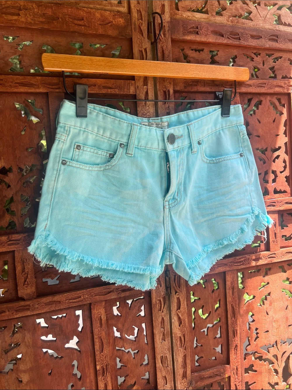 Free People Aqua Frayed Hem Denim Shorts